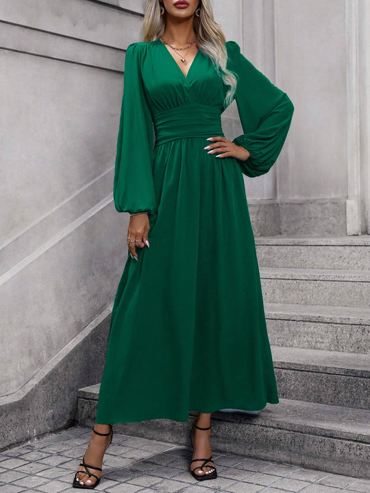 Damen Grecian-Maxikleid Ballonärmel Seitenschlitz