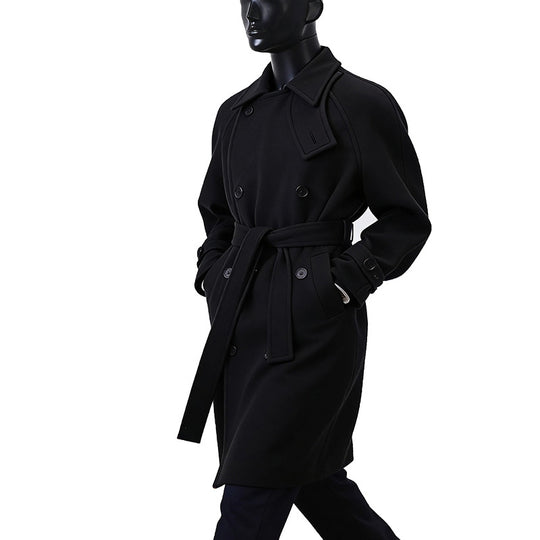 Herren Maxilanger Doppelreihiger Wollmix-Mantel mit hohem Stehkragen, Taillengürtel und verstellbaren Manschettenriemen Shop Nory