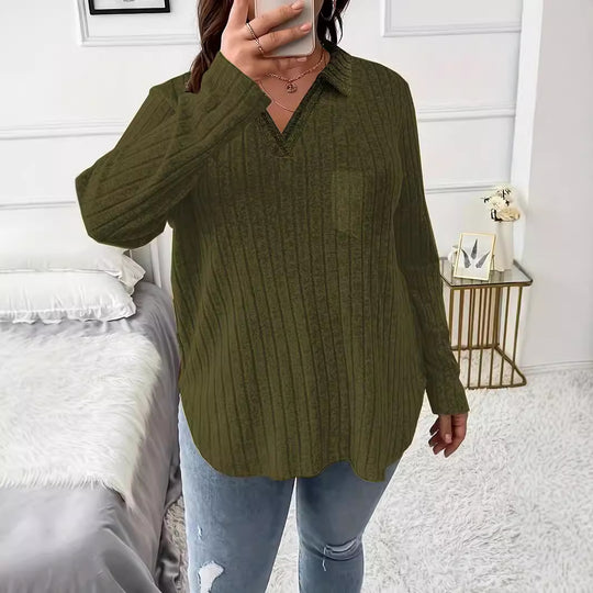 Damen Gerippter V-Ausschnitt Pullover mit Hemdkragen und lockerer Tunika-Silhouette Shop Nory