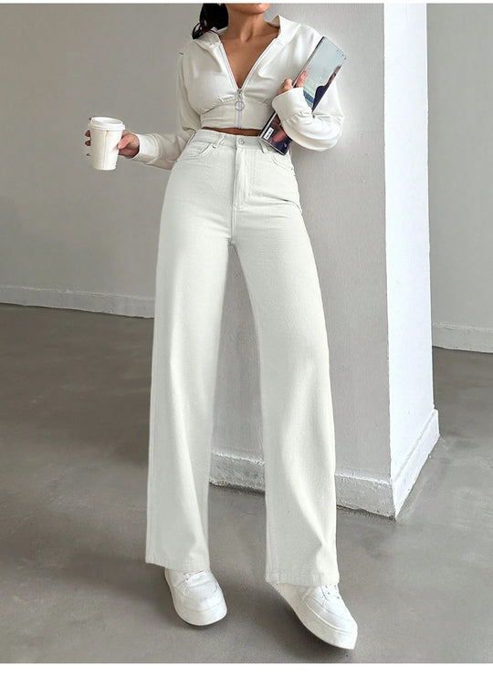 Damen Hochtaillierte weite Fünf-Taschen-Hose aus elastischem Denim mit ausgestelltem Bein Shop Nory
