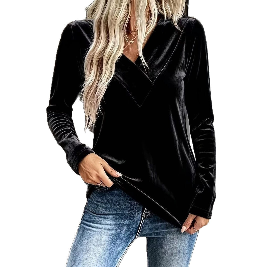 Damen Velours-Longsleeve mit überlappendem V-Ausschnitt und femininer Drapierung Shop Nory