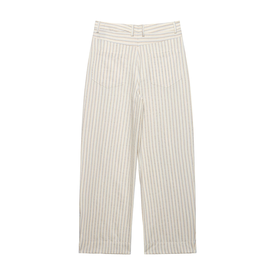 Damen Weite Leinenhose mit hoher Taille, Streifenmuster und aufgesetzten Taschen Shop Nory
