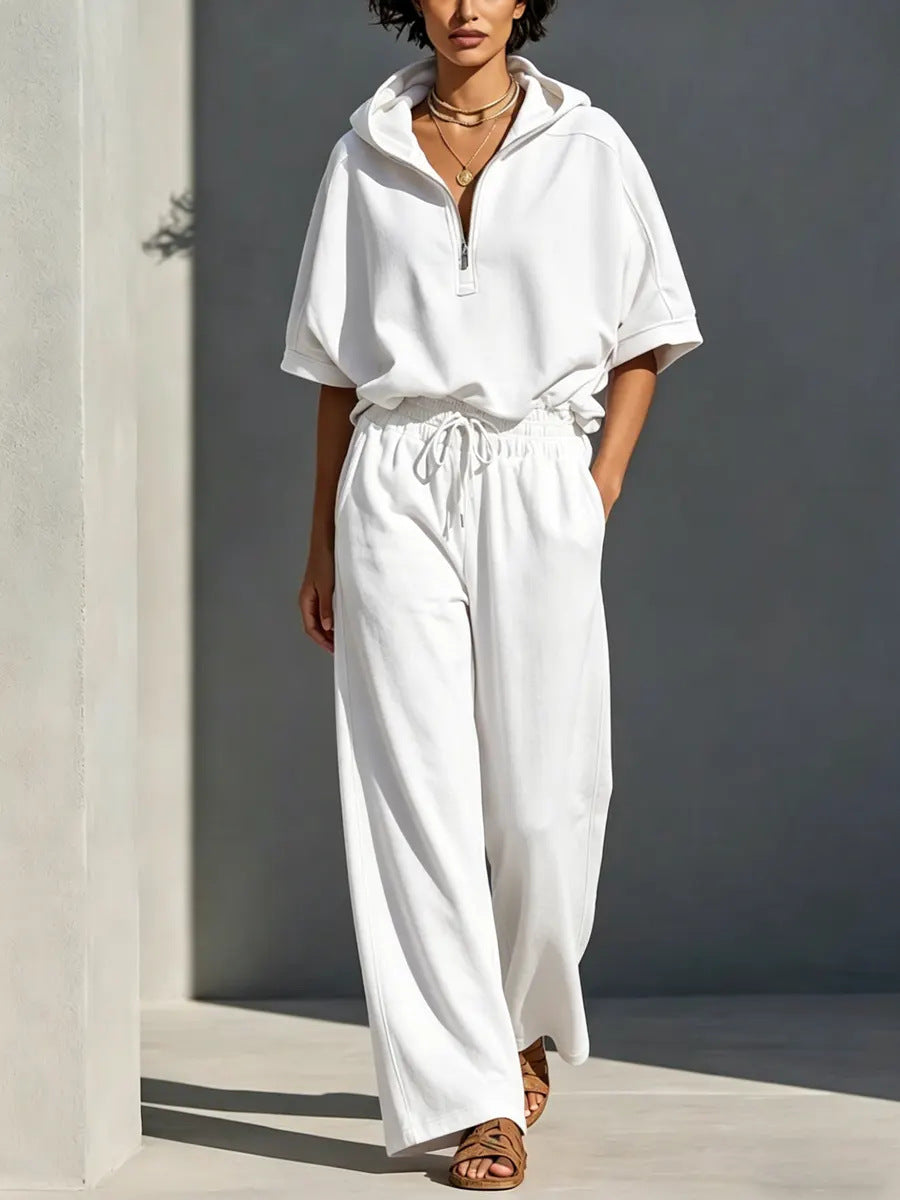 Damen Lässiges Lounge-Set mit Kapuzenpullover mit halbem Reißverschluss und weiter Palazzohose Shop Nory