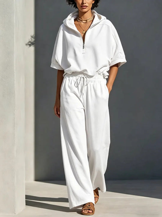 Damen Lässiges Lounge-Set mit Kapuzenpullover mit halbem Reißverschluss und weiter Palazzohose Shop Nory