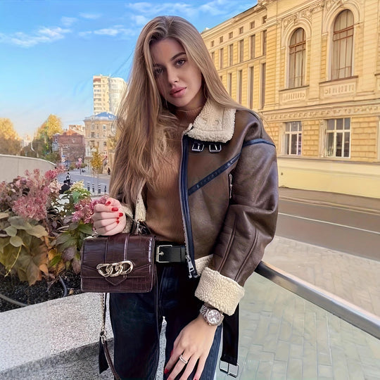 Damen Trendige und stilvolle Lederjacke mit Teddyfutter