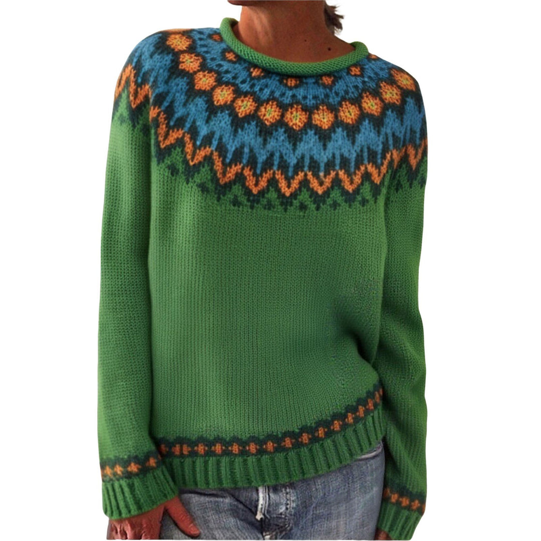Damen nan melierter Rundhalsausschnittpullover mit kreisförmigem Jacquard-Yoke und geripptem Saum Shop Nory
