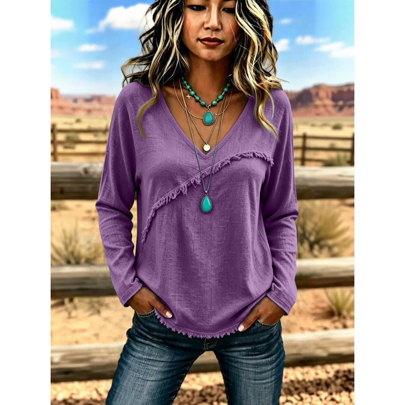Damen Lässiges V-Ausschnitt Langarmshirt mit diagonaler Fransenblende und Strukturstoff Shop Nory