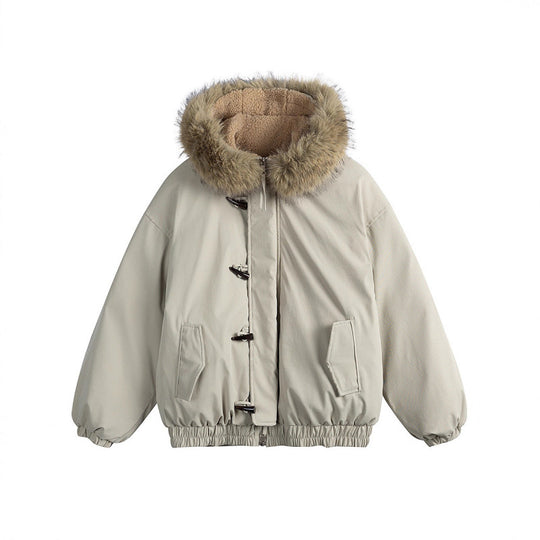 Unisex Gepolsterte Kapuzenjacke im Boxy‑Cut mit Teddyinnenfutter, Kunstfellkragen und Knebelverschlüssen Shop Nory