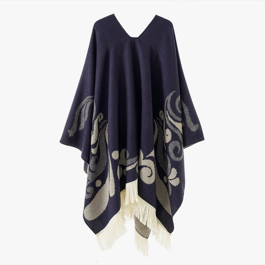 Damen Ornamentaler Jacquard‑Poncho mit V‑Ausschnitt und Fransensaum Shop Nory