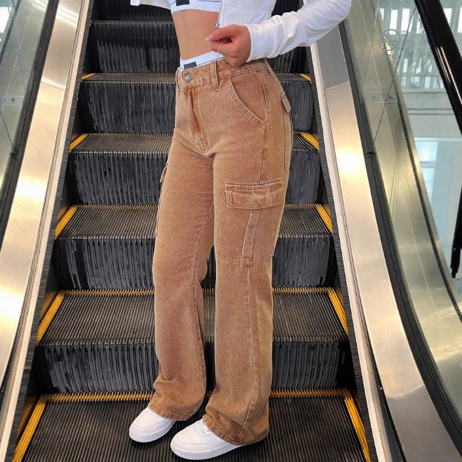 Damen Hochtaillierte Cord-Cargo-Palazzohose mit weitem Bein und Klappentaschen Shop Nory