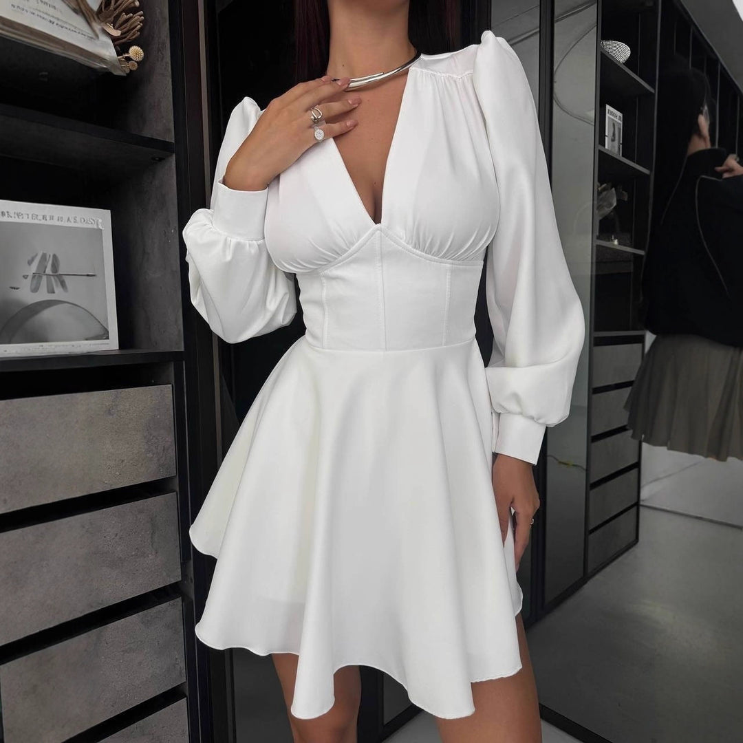 Damen Korsett-Detail Mini-Kleid mit Puffärmeln und ausgestelltem Rock Shop Nory