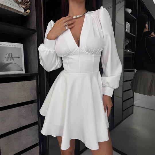 Damen Korsett-Detail Mini-Kleid mit Puffärmeln und ausgestelltem Rock Shop Nory