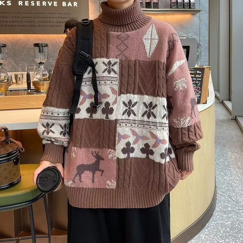 Damen Gemusterter Oversized Pullover mit Stehkragen Shop Nory