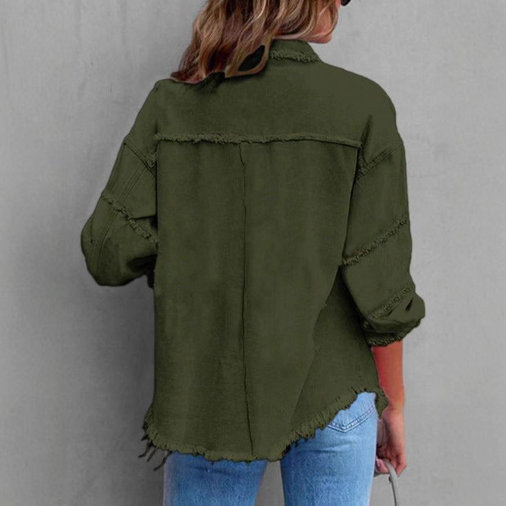 Damen Lässige Oversized-Denim-Hemdjacke mit Rohsaum und Pattentaschen Shop Nory
