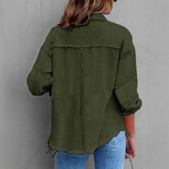 Damen Lässige Oversized-Denim-Hemdjacke mit Rohsaum und Pattentaschen Shop Nory