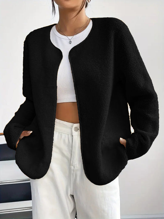 Damen Kurzjacke Teddy-Fleece Cardigan ohne Verschluss mit Rundhals Shop Nory