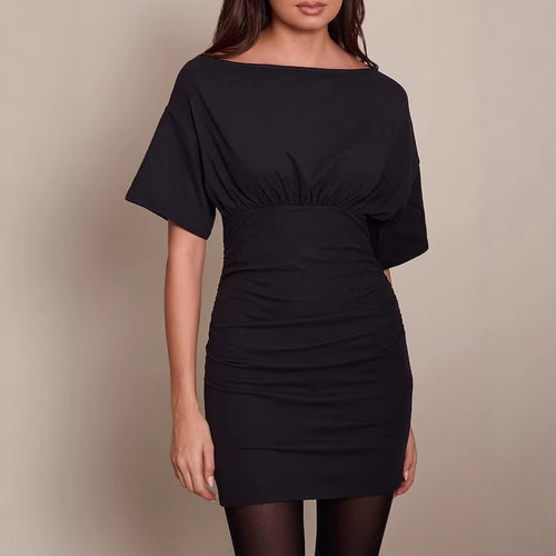 Damen Figurnahes Mini-Kleid mit U‑Boot‑Ausschnitt, Taillenraffung und Fledermausärmeln Shop Nory