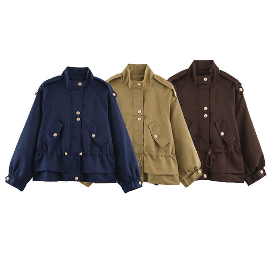 Damen Taillierbare Utility-Jacke mit Stehkragen, Schulterklappen und Pattentaschen Shop Nory