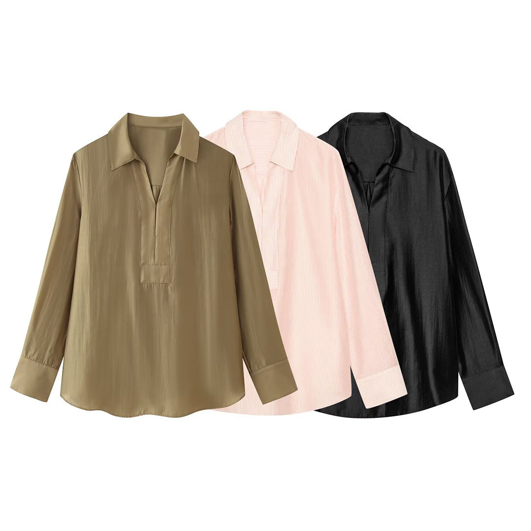 Damen Locker geschnittene Tunika-Hemdbluse mit halboffenem V-Ausschnitt und breiten Manschetten Shop Nory
