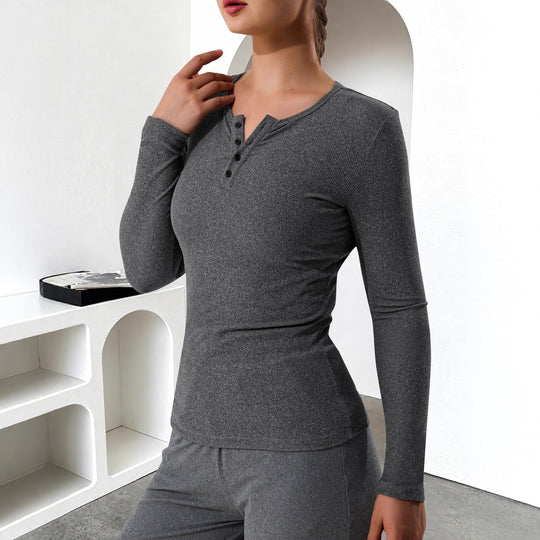 Damen Geripptes Henley-Langarmshirt mit Knopfleiste und figurnahem Schnitt Shopy Nory