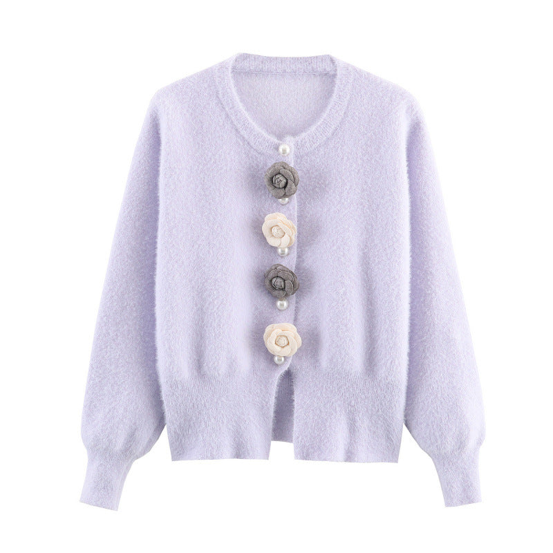Damen stylische Strickjacke mit einzigartigen Blumenapplikationen