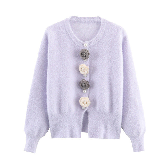 Damen stylische Strickjacke mit einzigartigen Blumenapplikationen