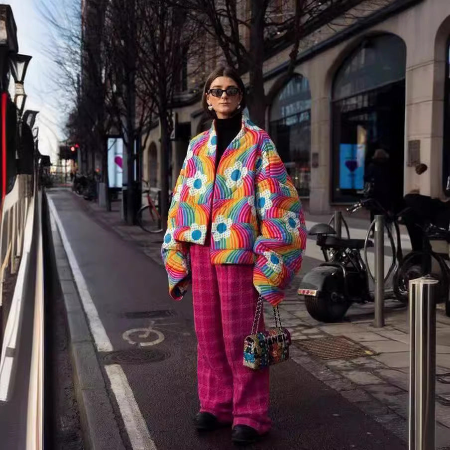 Damen Kurze Oversize-Steppjacke mit bunten Regenbogenstreifen und Blumenapplikation Shop Nory