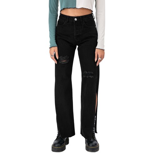 Damen hochgeschnittene Straight-Jeans mit seitlichem Beinschlitz und dezenten Rissen Shop Nory
