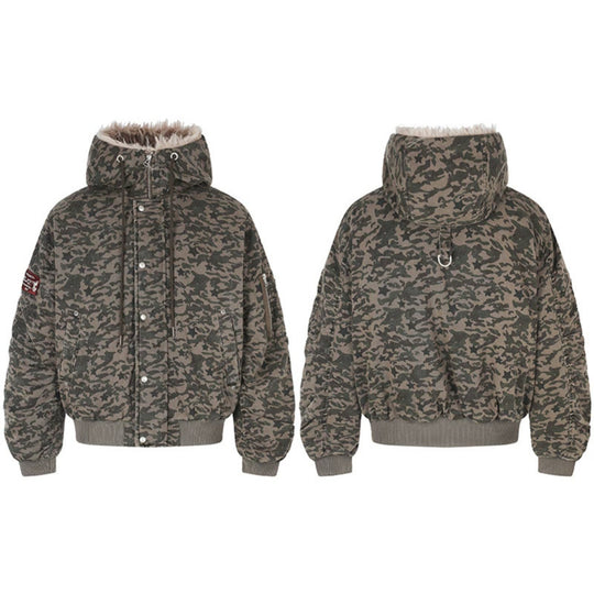 Damen gesteppte Bomberjacke mit Kunstfellkapuze, Tunnelzug und Utility‑Taschen Shop Nory