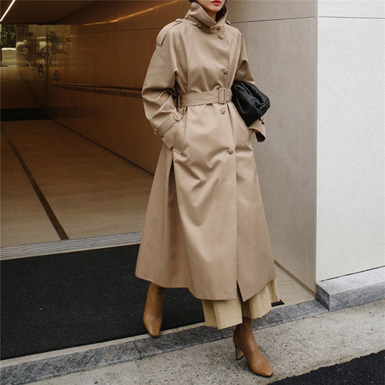 Damen Langgeschnittener Trenchcoat mit Taillengürtel und Stehkragen Shop Nory