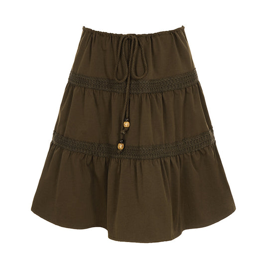 Damen nan gestufter Boho-Midirock mit elastischem Kordelbund und Häkelband-Details Shop Nory
