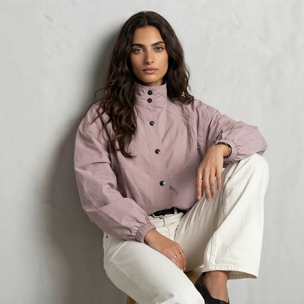 Damen Kurze Boxy-Bomberjacke mit Stehkragen und Druckknopfverschluss Shop Nory