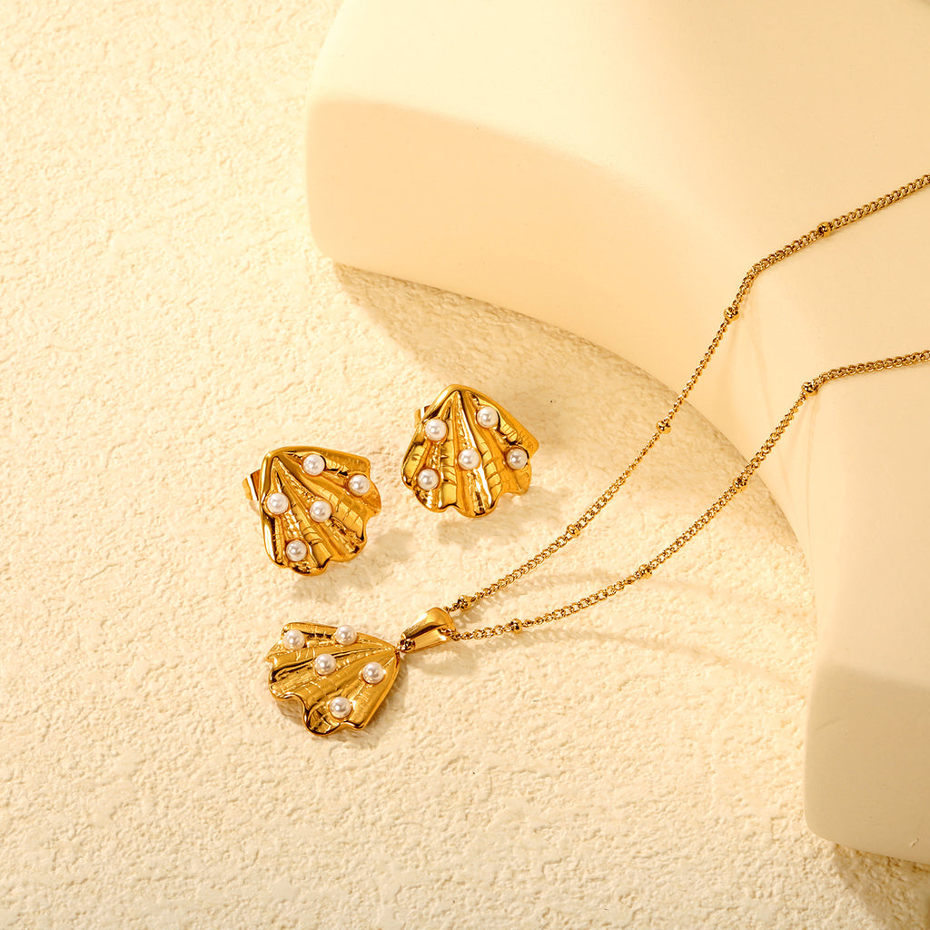 Damen Schmuckset mit Meeresmuschel-Anhänger und funkelnden Zirkonia Shop Nory