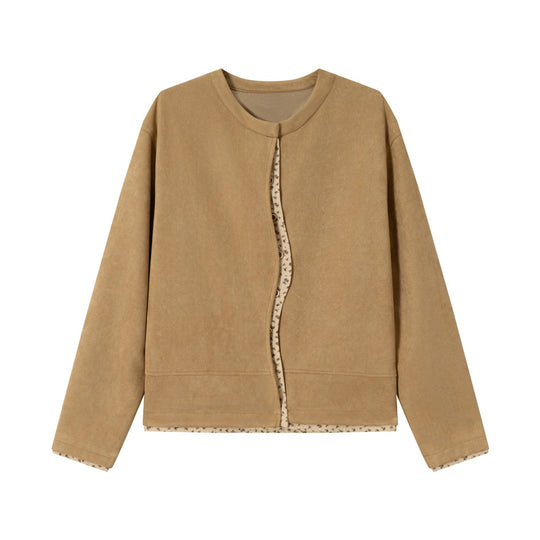 Damen Kurz geschnittene Wildlederoptik Blousonjacke mit Rundhalsausschnitt, verdeckter Knopfleiste und floralem Innenbesatz Shop Nory