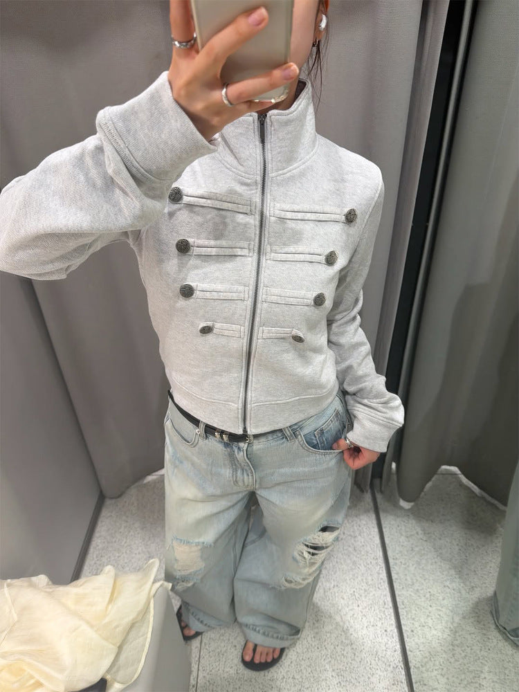 Damen Kurzgeschnittene Sweatjacke im Military-Look mit Stehkragen Shop Nory