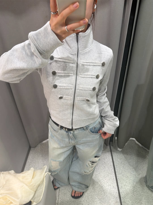 Damen Kurzgeschnittene Sweatjacke im Military-Look mit Stehkragen Shop Nory
