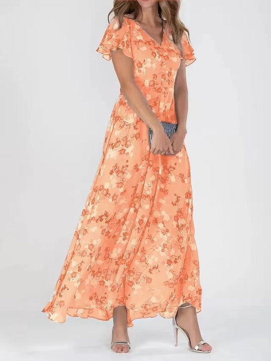 Damen Maxikleid mit floralem Chiffon-Stoff und transparenten Ärmeln
