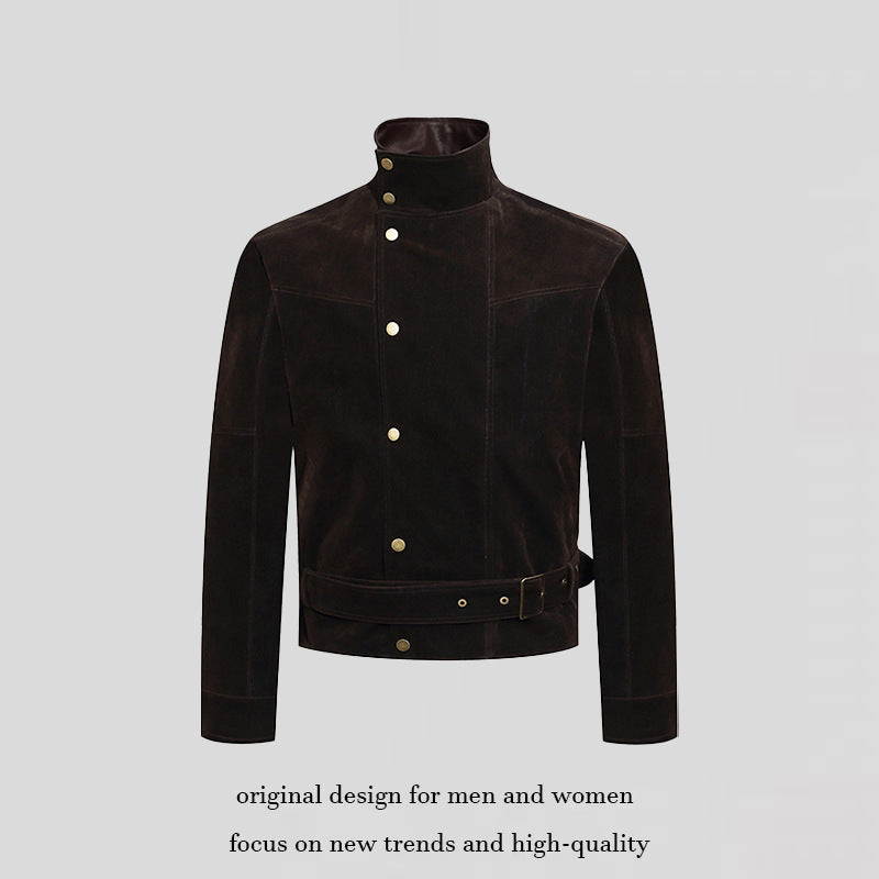 Herren Wildleder-Bikerjacke mit Stehkragen, Druckknopffront und Taillengürtel Shop Nory