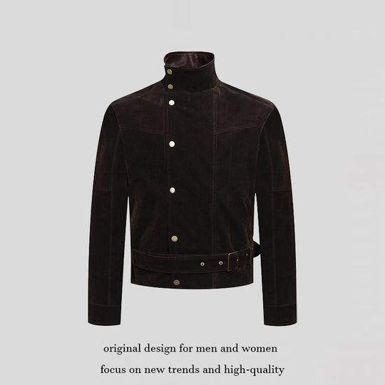 Herren Wildleder-Bikerjacke mit Stehkragen, Druckknopffront und Taillengürtel Shop Nory