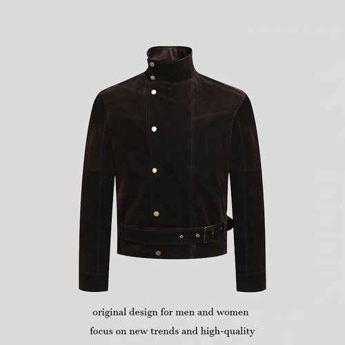 Herren Wildleder-Bikerjacke mit Stehkragen, Druckknopffront und Taillengürtel Shop Nory