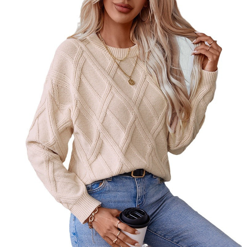 Damen nan grobstrukturierter Strickpullover mit großem Rautenmuster, geripptem Saum und Rundhalsausschnitt Shop Nory