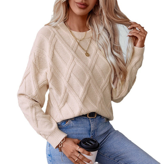 Damen nan grobstrukturierter Strickpullover mit großem Rautenmuster, geripptem Saum und Rundhalsausschnitt Shop Nory