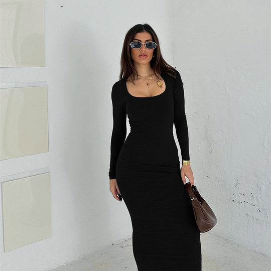 Damen Figurbetontes Stretch-Jerseykleid mit tiefem U-Boot-Ausschnitt und langen Ärmeln Shop Nory