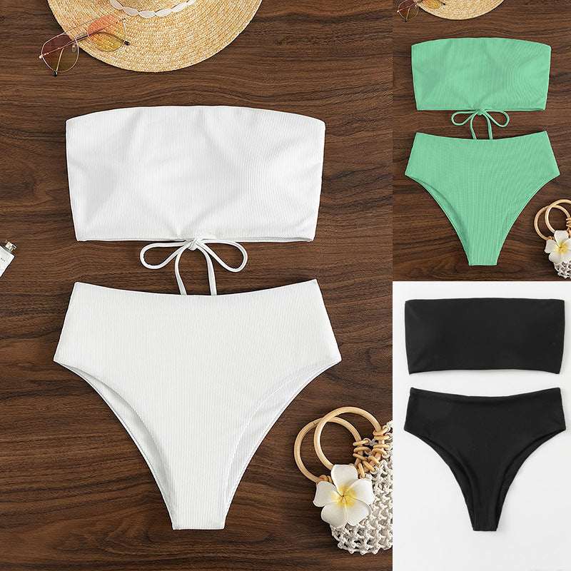 Damen Bandeau-Bikini mit hohem Bund und Rippdesign