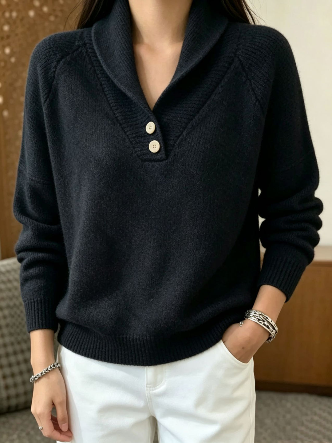 Damen Weicher Schalkragen‑Pullover mit halber Knopfleiste und Raglanärmeln Shop Nory