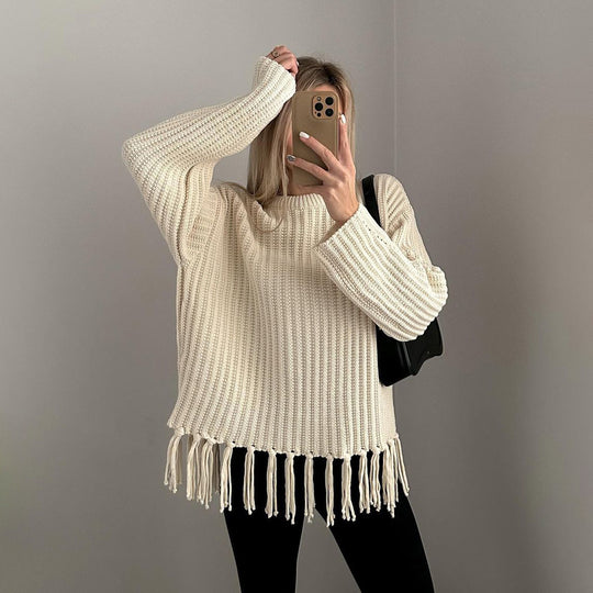 Damen lässiger Rippstrick-Pullover mit Fransen-Saum und Oversize-Silhouette Shop Nory