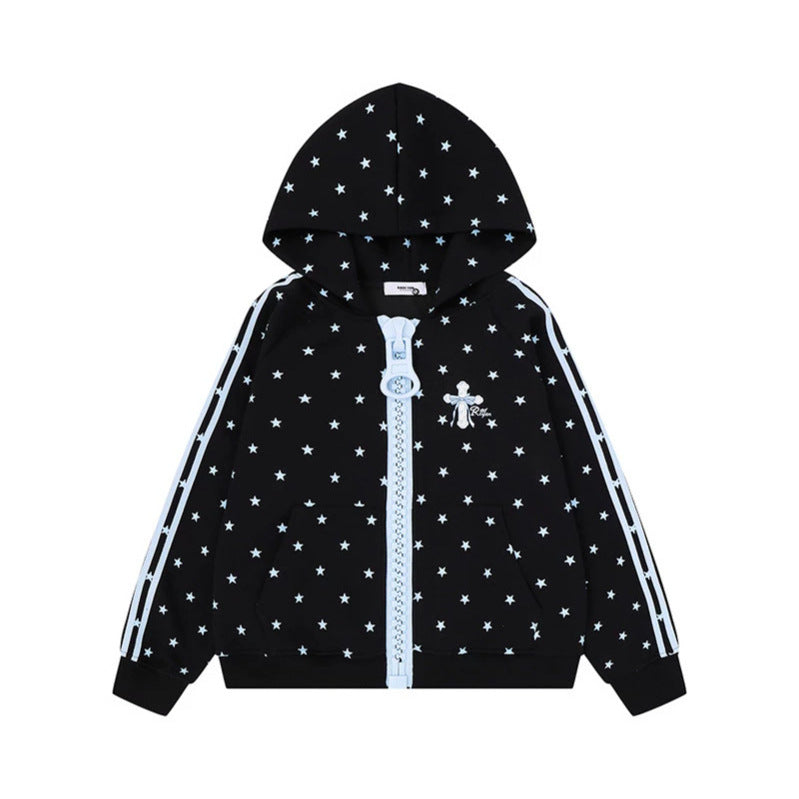 Damen Kapuzen-Sweatjacke mit Sternen-Allover, breitem Kontrastreißverschluss und seitlichen Streifen Shop Nory