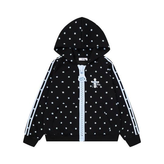 Damen Kapuzen-Sweatjacke mit Sternen-Allover, breitem Kontrastreißverschluss und seitlichen Streifen Shop Nory