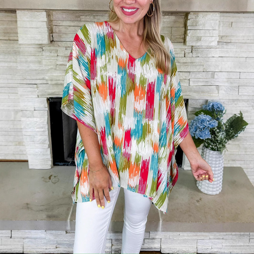 Damen Oversized V‑Neck Tunika im Plissee‑Look mit abstraktem Ikat‑Print Shop Nory