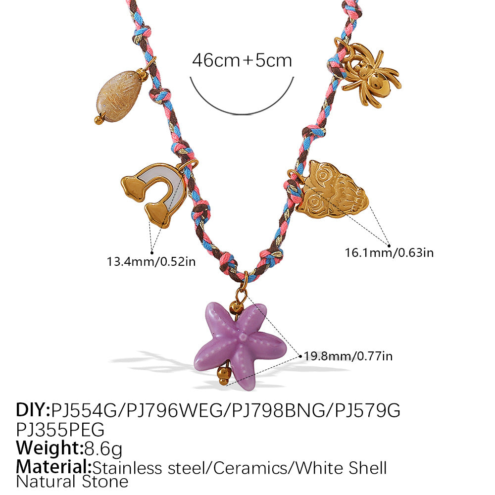 Verstellbare Kordel-Halskette mit Naturstein-Charms und Filigranen Blumenanhängern
